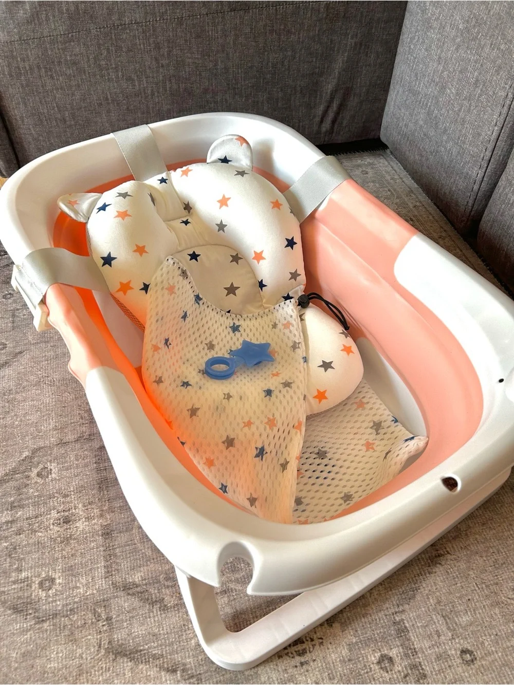 Baby Bath Tub with Star Print Neck Pillow and Mesh Sling - Pink/White